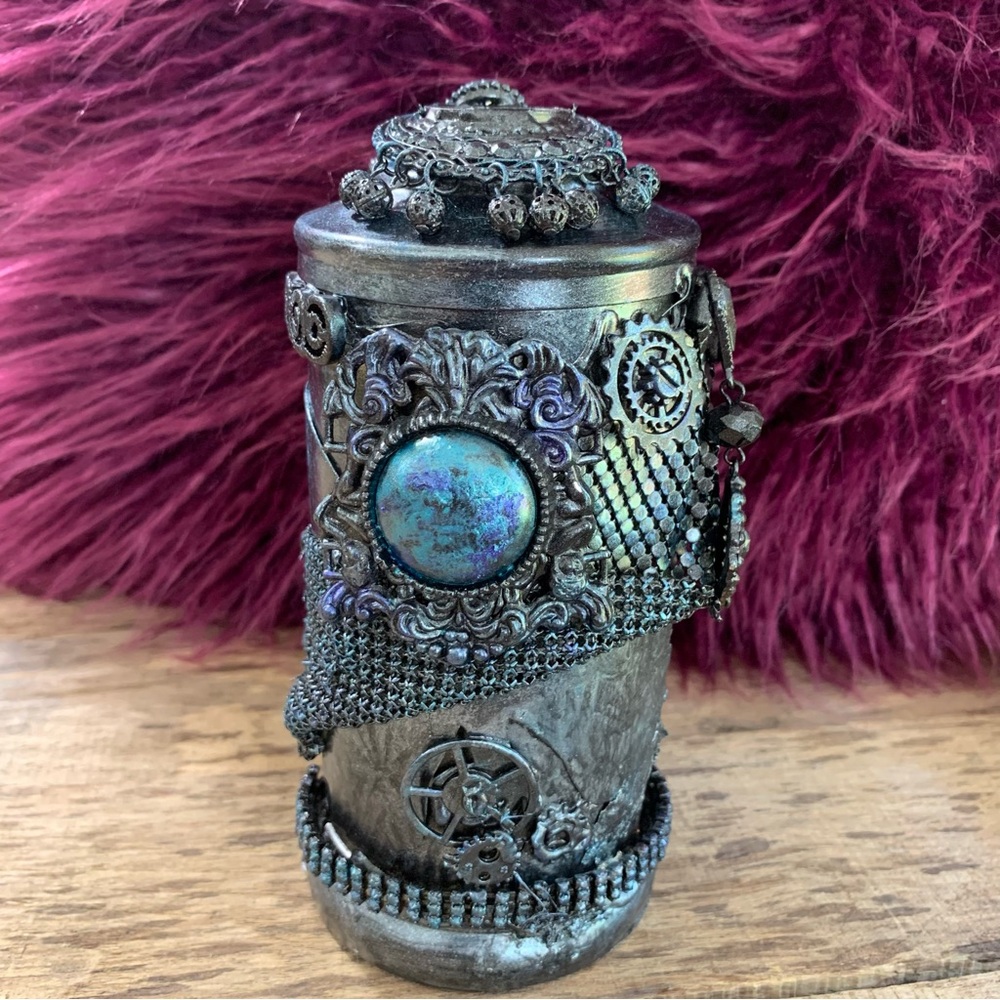 Handmade Steampunk Decor Bottle with Gears – Vintage Cosplay Prop